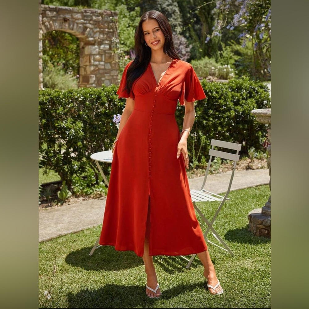 40’s vintage style burnt orange butterfly sleeve dress w/ button down design